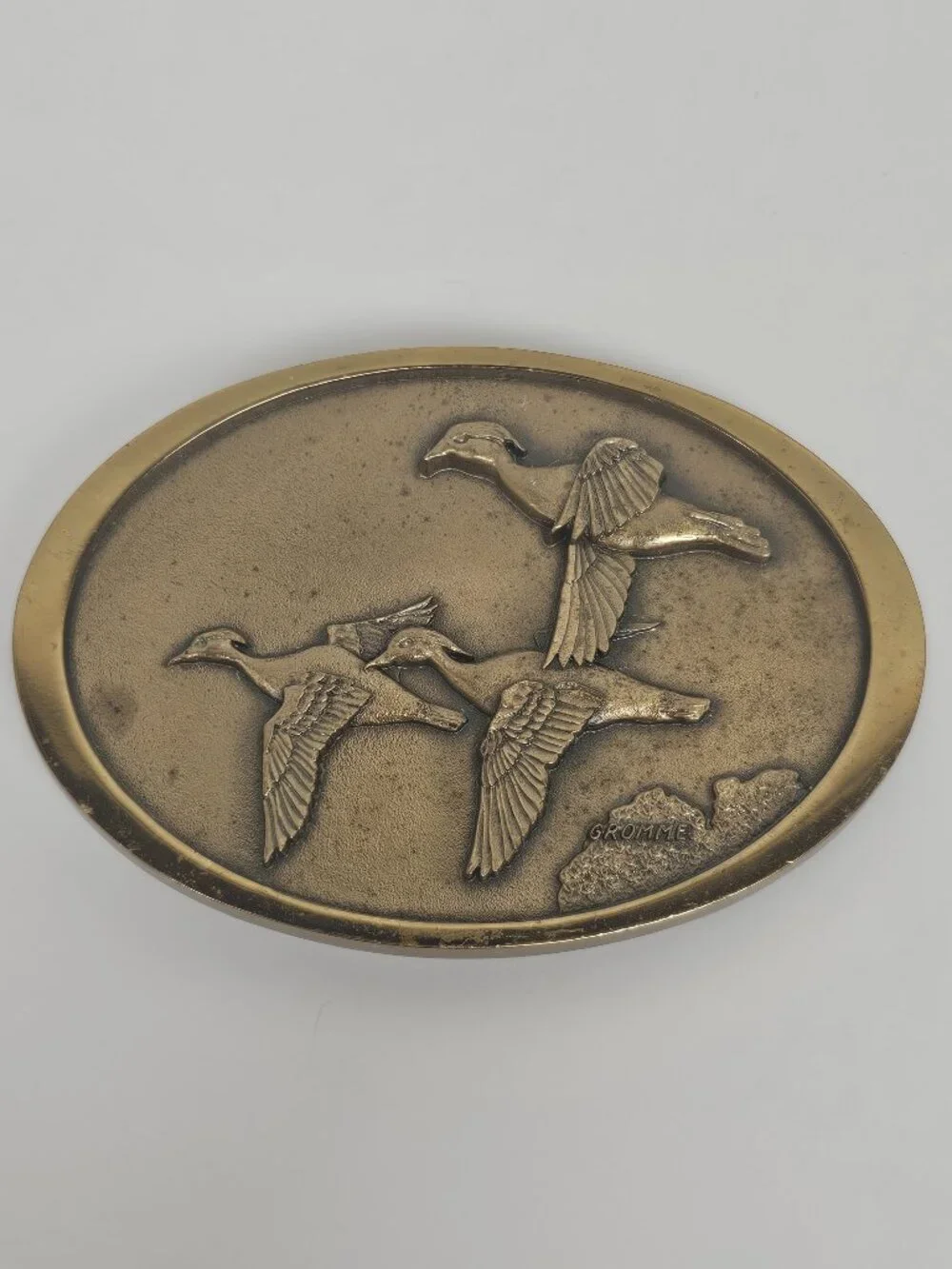 Owen Gromme Designed Three Wood Ducks Over Marsh 1980's Brass Tone Belt Buckle